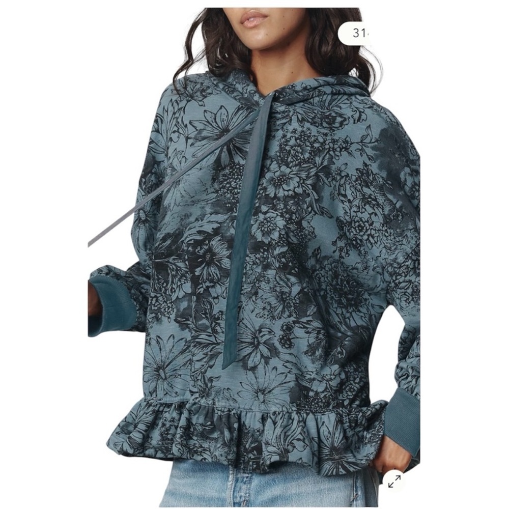Pilcro Drop-Shoulder Flounce Hoodie in a blue and black floral patter